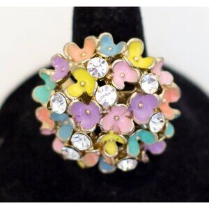 Size 6, Vintage Art Nouveau Colorful Flowers Rhinestone Ring - A23